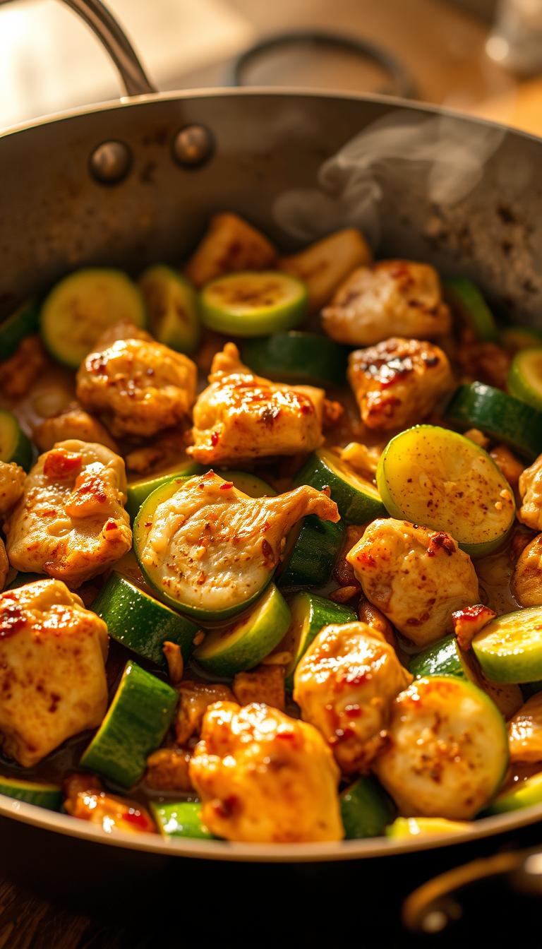 A delectable zucchini chicken stir-fry, steaming hot and sizzling in a wok. The chicken is tender and juicy, seared to perfection with a golden-brown crust. Vibrant green zucchini slices are interspersed throughout, their crisp-tender texture providing a delightful contrast. A blend of aromatic spices, garlic, and ginger infuses the dish with tantalizing flavors. The scene is bathed in warm, golden lighting, casting a inviting glow over the simmering medley. Shot from a low angle, the wok fills the frame, showcasing the mouthwatering ingredients and capturing the essence of a comforting, one-pan chicken dinner.
