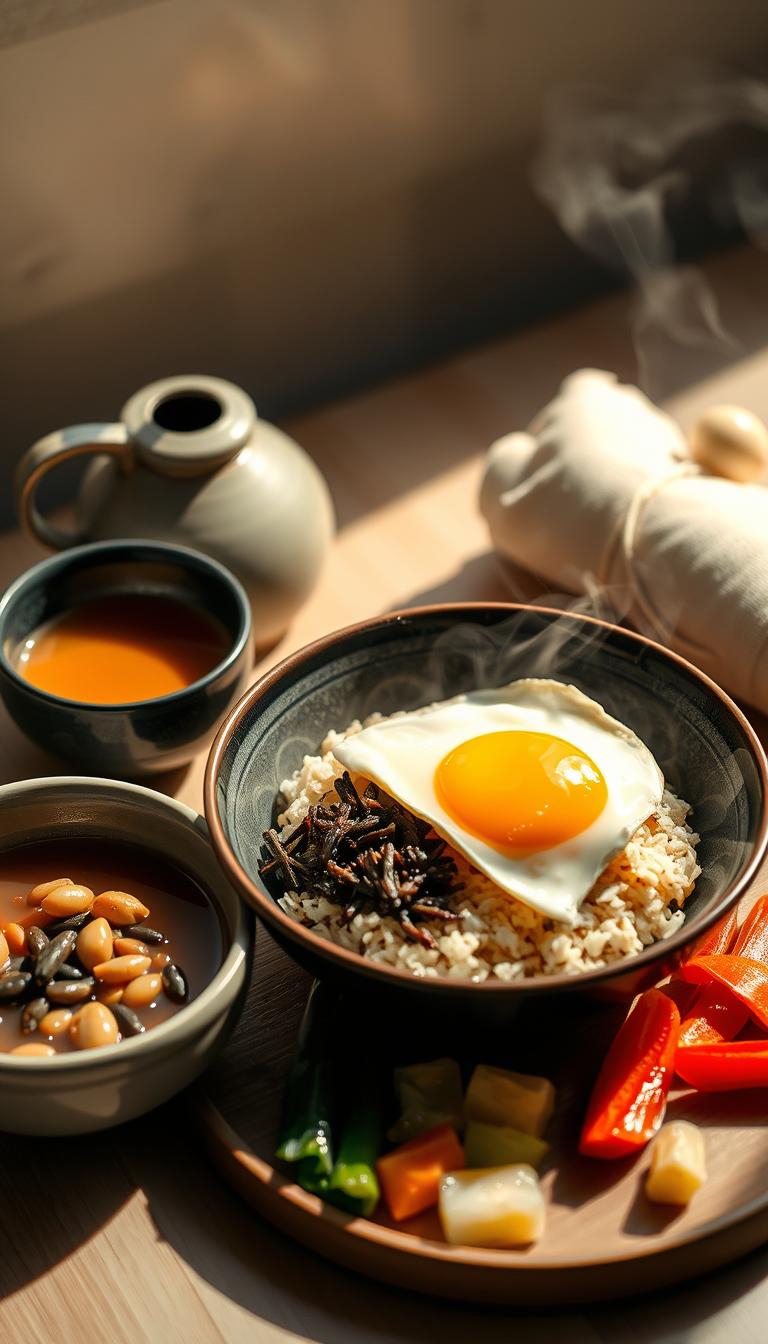 A delicate arrangement of Japanese breakfast foods, featuring a steaming bowl of tamago kake gohan (raw egg over rice), accompanied by a small plate of natto (fermented soybeans), a warm miso soup, and a selection of pickled vegetables. The scene is bathed in soft, diffused lighting, casting a warm, cozy ambiance. The composition features a clean, minimalist presentation, showcasing the natural colors and textures of the ingredients. The overall mood is one of simplicity, harmony, and the celebration of the simple pleasures of a traditional Japanese morning meal.