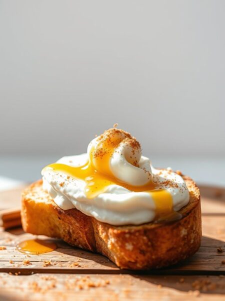 A delicate slice of warm artisanal toast, adorned with a creamy layer of silky ricotta cheese, drizzled with golden honey, and finished with a light dusting of fragrant cinnamon. The toast rests atop a rustic wooden surface, bathed in soft, natural lighting that casts a cozy, inviting glow. In the background, a minimalist white backdrop creates a sense of tranquility, allowing the simple yet decadent flavors to shine. The composition is balanced, with the toast centered and slightly tilted, capturing the inviting textures and flavors of this simple yet satisfying breakfast.