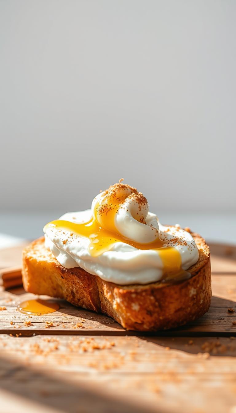 A delicate slice of warm artisanal toast, adorned with a creamy layer of silky ricotta cheese, drizzled with golden honey, and finished with a light dusting of fragrant cinnamon. The toast rests atop a rustic wooden surface, bathed in soft, natural lighting that casts a cozy, inviting glow. In the background, a minimalist white backdrop creates a sense of tranquility, allowing the simple yet decadent flavors to shine. The composition is balanced, with the toast centered and slightly tilted, capturing the inviting textures and flavors of this simple yet satisfying breakfast.