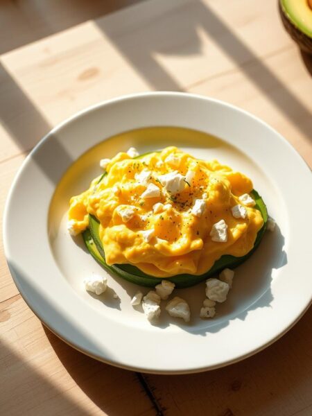 A delicately crafted breakfast scene, showcasing a plate of creamy, pillowy scrambled eggs nestled atop slices of ripe, buttery avocado. The eggs, seasoned with a hint of salt and pepper, glisten under the soft, warm light of a sun-drenched kitchen. Crumbles of tangy feta cheese dot the surface, adding a savory contrast to the rich, velvety texture. The composition is framed by a minimal, rustic tabletop, allowing the vibrant colors and textures of the dish to take center stage. A sense of simplicity and care permeates the scene, inviting the viewer to savor each delectable bite.