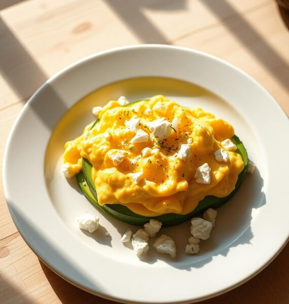 A delicately crafted breakfast scene, showcasing a plate of creamy, pillowy scrambled eggs nestled atop slices of ripe, buttery avocado. The eggs, seasoned with a hint of salt and pepper, glisten under the soft, warm light of a sun-drenched kitchen. Crumbles of tangy feta cheese dot the surface, adding a savory contrast to the rich, velvety texture. The composition is framed by a minimal, rustic tabletop, allowing the vibrant colors and textures of the dish to take center stage. A sense of simplicity and care permeates the scene, inviting the viewer to savor each delectable bite.