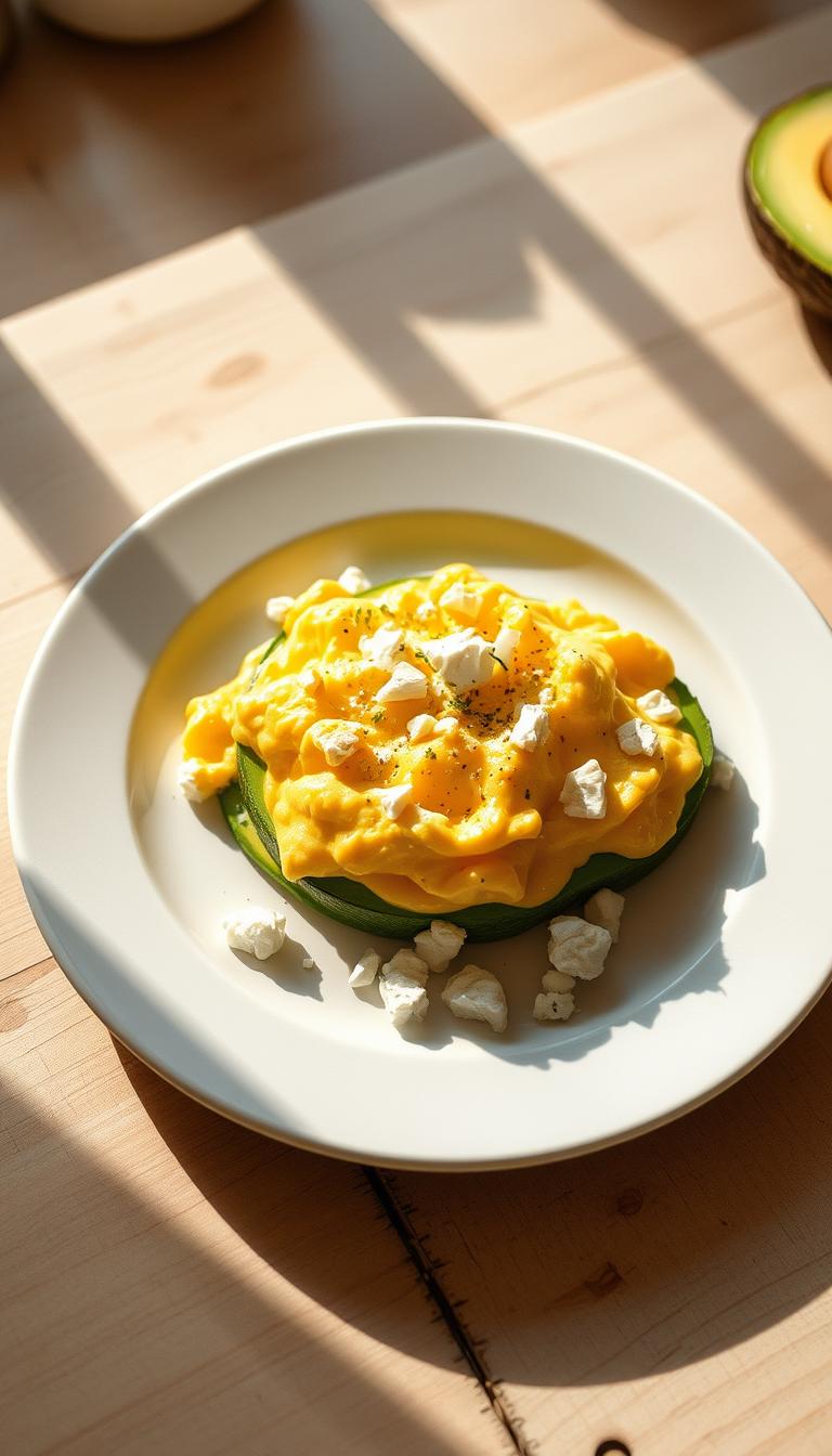 A delicately crafted breakfast scene, showcasing a plate of creamy, pillowy scrambled eggs nestled atop slices of ripe, buttery avocado. The eggs, seasoned with a hint of salt and pepper, glisten under the soft, warm light of a sun-drenched kitchen. Crumbles of tangy feta cheese dot the surface, adding a savory contrast to the rich, velvety texture. The composition is framed by a minimal, rustic tabletop, allowing the vibrant colors and textures of the dish to take center stage. A sense of simplicity and care permeates the scene, inviting the viewer to savor each delectable bite.