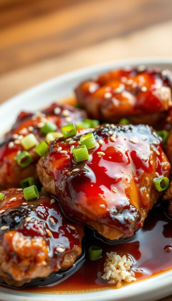 A delicious plate of slow-cooked teriyaki chicken thighs, simmered to perfection in a rich, savory sauce. The tender, juicy meat falls off the bone effortlessly, decorated with vibrant green onions and a sprinkle of sesame seeds. A mouthwatering close-up showcases the glistening, caramelized surface, bathed in a glossy teriyaki glaze. The scene is set against a backdrop of warm, earthy tones, creating a cozy, homey atmosphere. Soft, diffused lighting casts gentle shadows, highlighting the dish's inviting textures and flavors. The composition is balanced, drawing the viewer's focus to the star of the show - the delectable slow cooker chicken thighs.