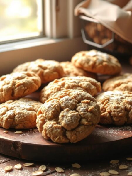 A delightful arrangement of homemade banana oat cookies, freshly baked and dusted with a light coating of powdered sugar. The cookies are neatly placed on a rustic wooden surface, with a few scattered oats adding a natural touch. Soft, golden-brown in color, the cookies exude a warm, comforting aroma. Sunlight streams in through a nearby window, casting a gentle glow and creating soft shadows that highlight the texture of the cookies. The overall scene conveys a sense of homemade goodness and a healthy, wholesome snack.