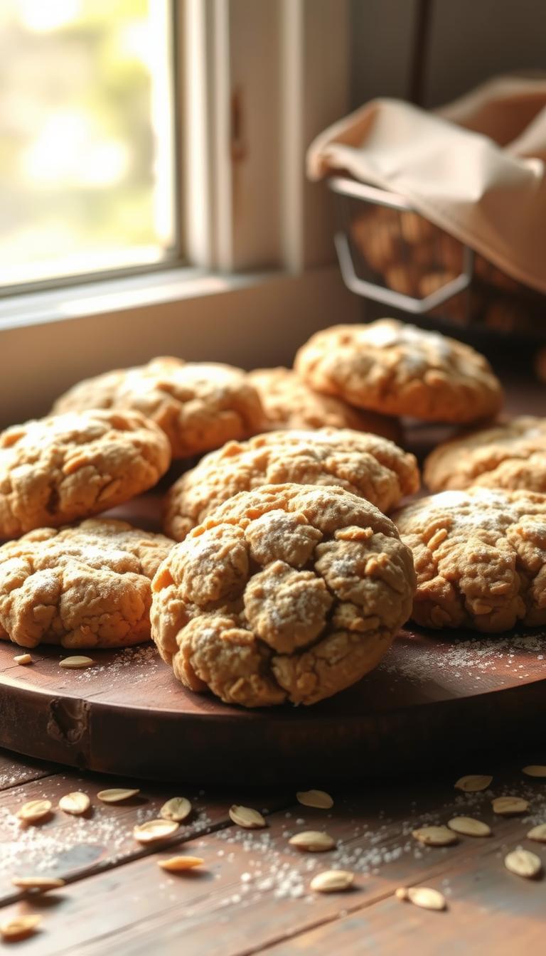 A delightful arrangement of homemade banana oat cookies, freshly baked and dusted with a light coating of powdered sugar. The cookies are neatly placed on a rustic wooden surface, with a few scattered oats adding a natural touch. Soft, golden-brown in color, the cookies exude a warm, comforting aroma. Sunlight streams in through a nearby window, casting a gentle glow and creating soft shadows that highlight the texture of the cookies. The overall scene conveys a sense of homemade goodness and a healthy, wholesome snack.