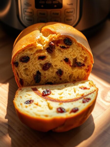 A freshly baked Instant Pot cinnamon raisin bread, its golden crust glistening under warm, natural lighting. The soft, moist interior is filled with plump raisins and a fragrant swirl of cinnamon. The bread is set atop a rustic wooden surface, the grains of the wood contrasting beautifully with the bread's texture. A subtle shadow cast from the Instant Pot creates depth and dimension, while the overall composition evokes a cozy, homemade atmosphere. The lighting is soft and diffused, creating a gentle, inviting mood. The camera angle is slightly elevated, allowing the viewer to appreciate the bread's enticing aroma and tempting appearance.