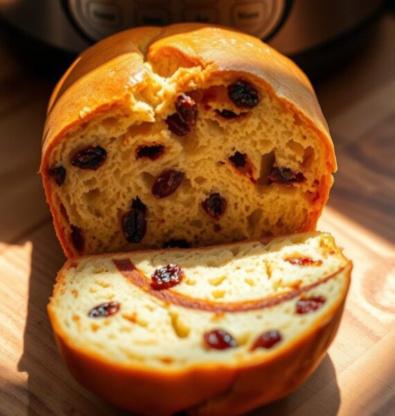 A freshly baked Instant Pot cinnamon raisin bread, its golden crust glistening under warm, natural lighting. The soft, moist interior is filled with plump raisins and a fragrant swirl of cinnamon. The bread is set atop a rustic wooden surface, the grains of the wood contrasting beautifully with the bread's texture. A subtle shadow cast from the Instant Pot creates depth and dimension, while the overall composition evokes a cozy, homemade atmosphere. The lighting is soft and diffused, creating a gentle, inviting mood. The camera angle is slightly elevated, allowing the viewer to appreciate the bread's enticing aroma and tempting appearance.
