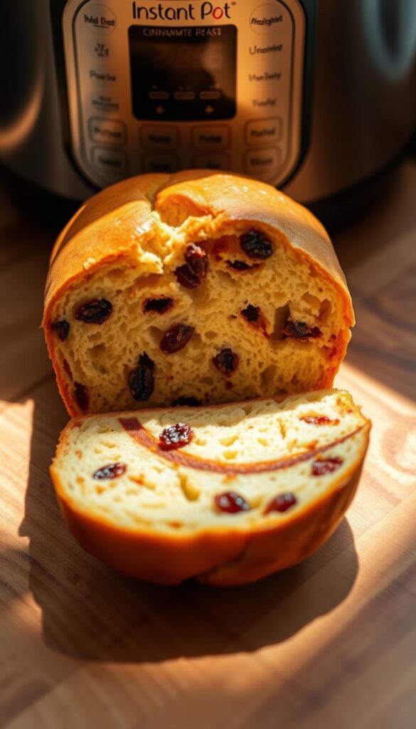 A freshly baked Instant Pot cinnamon raisin bread, its golden crust glistening under warm, natural lighting. The soft, moist interior is filled with plump raisins and a fragrant swirl of cinnamon. The bread is set atop a rustic wooden surface, the grains of the wood contrasting beautifully with the bread's texture. A subtle shadow cast from the Instant Pot creates depth and dimension, while the overall composition evokes a cozy, homemade atmosphere. The lighting is soft and diffused, creating a gentle, inviting mood. The camera angle is slightly elevated, allowing the viewer to appreciate the bread's enticing aroma and tempting appearance.