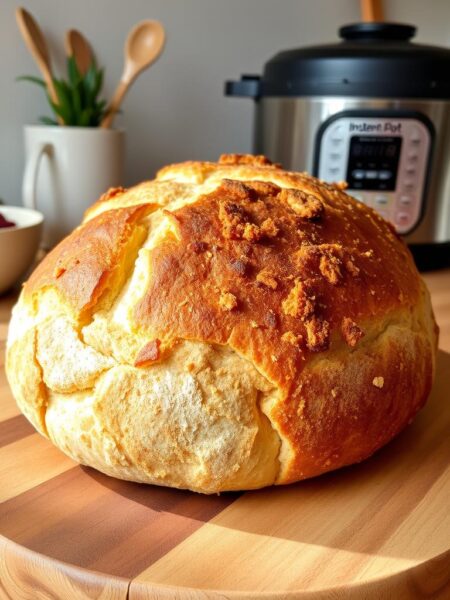 A freshly baked Instant Pot sourdough bread, its crisp golden crust glistening under warm, natural lighting. The loaf rests on a rustic wooden board, its irregular shape and artisanal scoring hinting at the tender, chewy crumb within. The background features a minimalist kitchen setting, with a few simple utensils and a potted plant adding subtle touches of character. The overall composition conveys a sense of homely, artisanal comfort, inviting the viewer to imagine the satisfying aroma and flavor of this homemade delight.