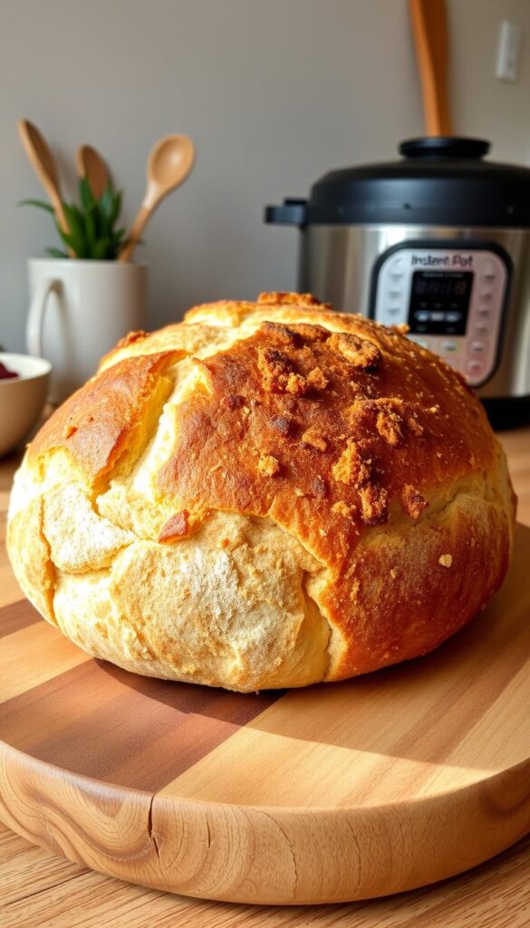 A freshly baked Instant Pot sourdough bread, its crisp golden crust glistening under warm, natural lighting. The loaf rests on a rustic wooden board, its irregular shape and artisanal scoring hinting at the tender, chewy crumb within. The background features a minimalist kitchen setting, with a few simple utensils and a potted plant adding subtle touches of character. The overall composition conveys a sense of homely, artisanal comfort, inviting the viewer to imagine the satisfying aroma and flavor of this homemade delight.