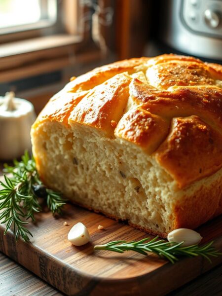 A freshly baked, golden-brown Instant Pot garlic herb bread, steaming hot and glistening with aromatic oils, is the centerpiece of this cozy kitchen scene. The loaf rests on a rustic wooden board, surrounded by sprigs of fresh rosemary, thyme, and garlic cloves. Soft, fluffy crumbs are visible through the crisp crust, inviting the viewer to imagine the savory flavors. Warm, natural lighting from a nearby window casts a gentle glow, highlighting the bread's texture and the herbs' vibrant green hues. The overall atmosphere is one of homemade comfort and irresistible aromas, perfectly capturing the essence of this Instant Pot garlic herb bread recipe.