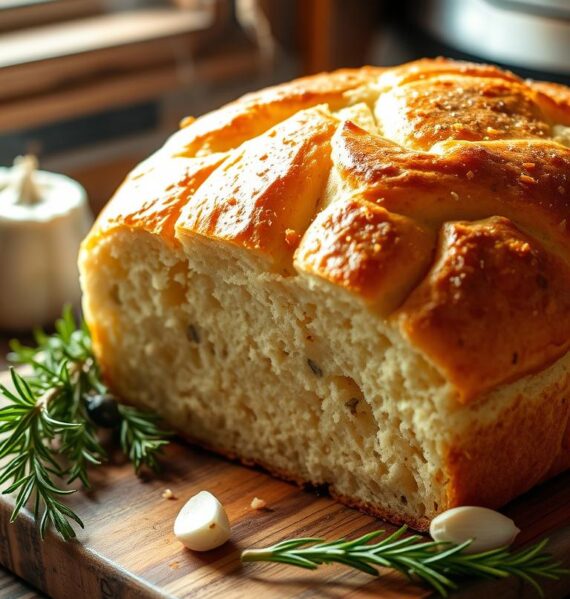 A freshly baked, golden-brown Instant Pot garlic herb bread, steaming hot and glistening with aromatic oils, is the centerpiece of this cozy kitchen scene. The loaf rests on a rustic wooden board, surrounded by sprigs of fresh rosemary, thyme, and garlic cloves. Soft, fluffy crumbs are visible through the crisp crust, inviting the viewer to imagine the savory flavors. Warm, natural lighting from a nearby window casts a gentle glow, highlighting the bread's texture and the herbs' vibrant green hues. The overall atmosphere is one of homemade comfort and irresistible aromas, perfectly capturing the essence of this Instant Pot garlic herb bread recipe.