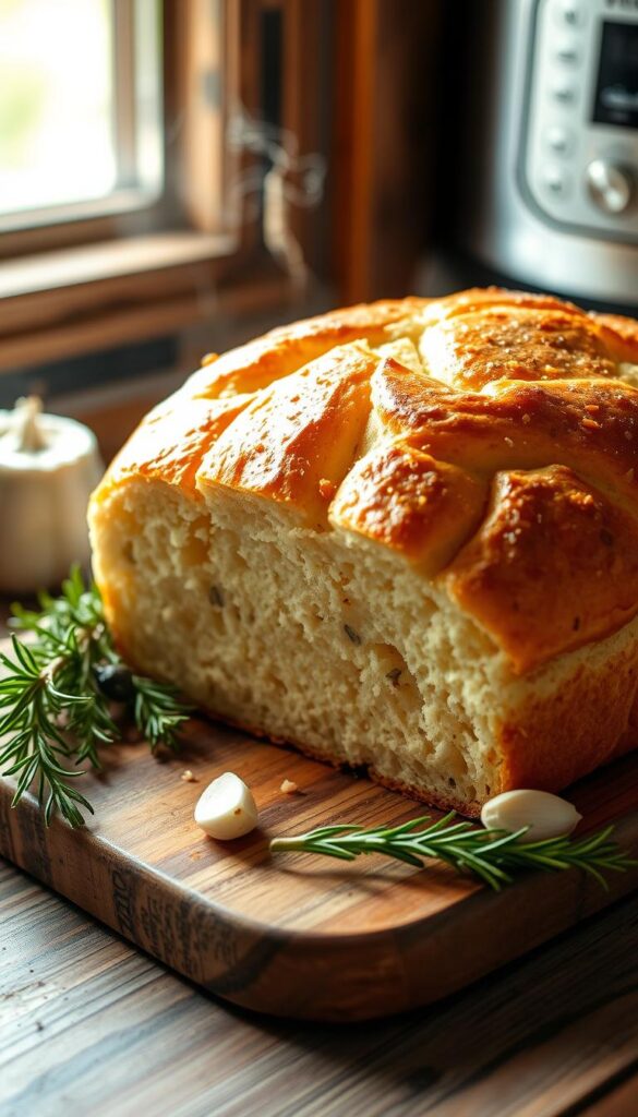 A freshly baked, golden-brown Instant Pot garlic herb bread, steaming hot and glistening with aromatic oils, is the centerpiece of this cozy kitchen scene. The loaf rests on a rustic wooden board, surrounded by sprigs of fresh rosemary, thyme, and garlic cloves. Soft, fluffy crumbs are visible through the crisp crust, inviting the viewer to imagine the savory flavors. Warm, natural lighting from a nearby window casts a gentle glow, highlighting the bread's texture and the herbs' vibrant green hues. The overall atmosphere is one of homemade comfort and irresistible aromas, perfectly capturing the essence of this Instant Pot garlic herb bread recipe.