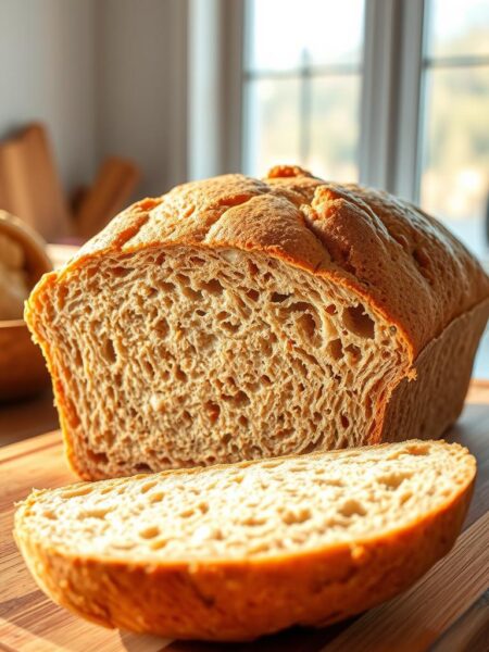 A freshly baked loaf of whole wheat bread sits on a wooden cutting board, its golden crust glistening under the warm, natural light streaming in from a nearby window. The even crumb texture and delightful aroma emanate a sense of homemade goodness. The bread's fluffy interior is revealed as a slice is pulled apart, showcasing the tender, nutty-flavored crumb. The scene is captured with a crisp, high-resolution lens, providing a detailed, up-close perspective that invites the viewer to envision the satisfying texture and taste of this hearty, healthful Instant Pot bread.