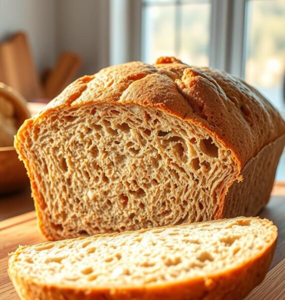 A freshly baked loaf of whole wheat bread sits on a wooden cutting board, its golden crust glistening under the warm, natural light streaming in from a nearby window. The even crumb texture and delightful aroma emanate a sense of homemade goodness. The bread's fluffy interior is revealed as a slice is pulled apart, showcasing the tender, nutty-flavored crumb. The scene is captured with a crisp, high-resolution lens, providing a detailed, up-close perspective that invites the viewer to envision the satisfying texture and taste of this hearty, healthful Instant Pot bread.