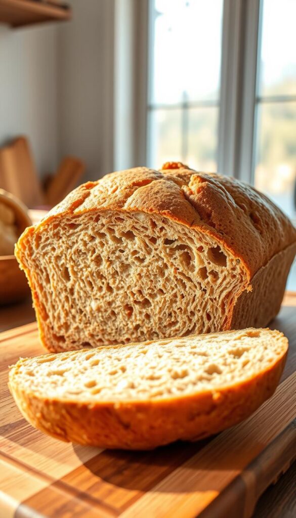 A freshly baked loaf of whole wheat bread sits on a wooden cutting board, its golden crust glistening under the warm, natural light streaming in from a nearby window. The even crumb texture and delightful aroma emanate a sense of homemade goodness. The bread's fluffy interior is revealed as a slice is pulled apart, showcasing the tender, nutty-flavored crumb. The scene is captured with a crisp, high-resolution lens, providing a detailed, up-close perspective that invites the viewer to envision the satisfying texture and taste of this hearty, healthful Instant Pot bread.
