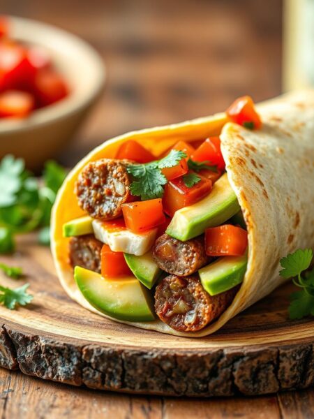A freshly prepared Sausage & Avocado Breakfast Wrap, captured in a warm, inviting light. The wrap's golden-brown tortilla is filled with juicy pork sausage, creamy avocado slices, and a sprinkle of diced tomatoes and fresh cilantro leaves. The ingredients are neatly arranged, creating a visually appealing and appetizing composition. The wrap is presented on a rustic wooden surface, with a soft, diffused background that enhances the textures and colors of the dish. The overall scene evokes a sense of homemade comfort and the perfect start to the day.