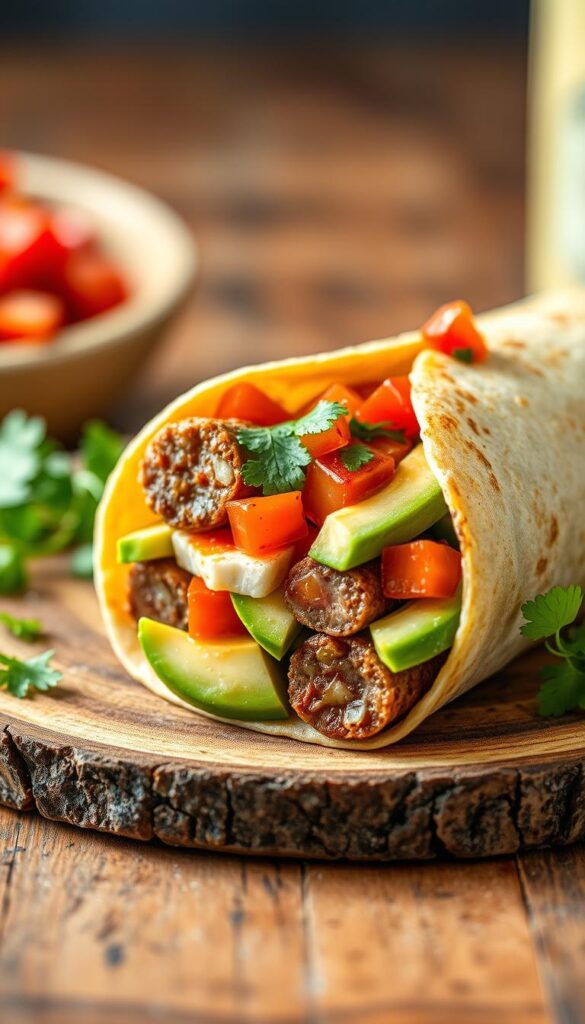A freshly prepared Sausage & Avocado Breakfast Wrap, captured in a warm, inviting light. The wrap's golden-brown tortilla is filled with juicy pork sausage, creamy avocado slices, and a sprinkle of diced tomatoes and fresh cilantro leaves. The ingredients are neatly arranged, creating a visually appealing and appetizing composition. The wrap is presented on a rustic wooden surface, with a soft, diffused background that enhances the textures and colors of the dish. The overall scene evokes a sense of homemade comfort and the perfect start to the day.