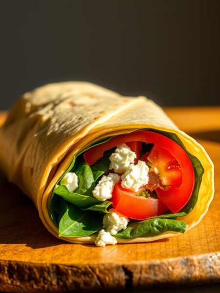 A freshly prepared spinach, feta, and tomato wrap on a wooden surface. The wrap is cut in half, revealing the vibrant green spinach leaves, crumbled feta cheese, and juicy red tomato slices inside a soft, golden-brown tortilla wrap. The lighting is warm and natural, casting a soft glow on the scene. The camera angle is slightly elevated, capturing the wrap from an appetizing perspective. The background is blurred, allowing the wrap to be the central focus. The overall mood is inviting and appetizing, enticing the viewer to take a bite of this delicious breakfast wrap.
