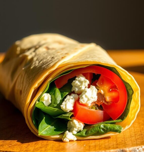 A freshly prepared spinach, feta, and tomato wrap on a wooden surface. The wrap is cut in half, revealing the vibrant green spinach leaves, crumbled feta cheese, and juicy red tomato slices inside a soft, golden-brown tortilla wrap. The lighting is warm and natural, casting a soft glow on the scene. The camera angle is slightly elevated, capturing the wrap from an appetizing perspective. The background is blurred, allowing the wrap to be the central focus. The overall mood is inviting and appetizing, enticing the viewer to take a bite of this delicious breakfast wrap.