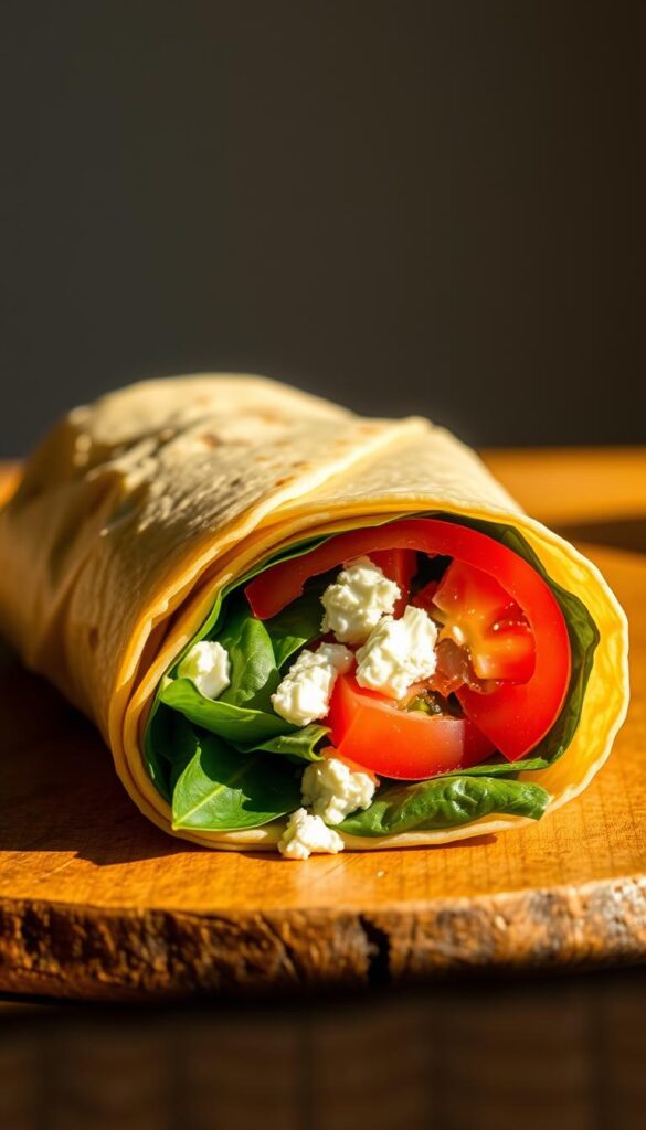 A freshly prepared spinach, feta, and tomato wrap on a wooden surface. The wrap is cut in half, revealing the vibrant green spinach leaves, crumbled feta cheese, and juicy red tomato slices inside a soft, golden-brown tortilla wrap. The lighting is warm and natural, casting a soft glow on the scene. The camera angle is slightly elevated, capturing the wrap from an appetizing perspective. The background is blurred, allowing the wrap to be the central focus. The overall mood is inviting and appetizing, enticing the viewer to take a bite of this delicious breakfast wrap.