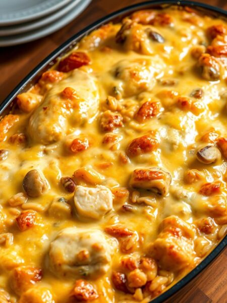 A golden-brown baked chicken casserole, its creamy sauce bubbling and cheesy top perfectly melted, sits atop a wooden table. Tender chunks of chicken are nestled among wild rice, mushrooms, and vegetables, creating a hearty and comforting dish. The casserole is illuminated by soft, natural lighting, casting warm shadows and highlights that enhance its rustic, homemade appearance. The scene evokes a cozy, family-friendly atmosphere, perfect for an easy, satisfying meal.