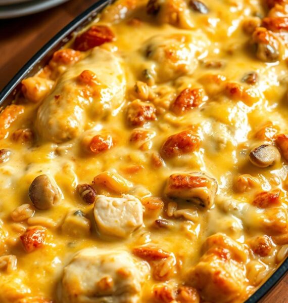 A golden-brown baked chicken casserole, its creamy sauce bubbling and cheesy top perfectly melted, sits atop a wooden table. Tender chunks of chicken are nestled among wild rice, mushrooms, and vegetables, creating a hearty and comforting dish. The casserole is illuminated by soft, natural lighting, casting warm shadows and highlights that enhance its rustic, homemade appearance. The scene evokes a cozy, family-friendly atmosphere, perfect for an easy, satisfying meal.