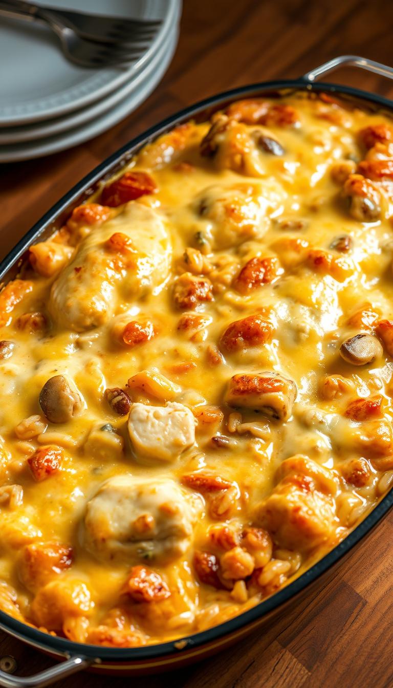 A golden-brown baked chicken casserole, its creamy sauce bubbling and cheesy top perfectly melted, sits atop a wooden table. Tender chunks of chicken are nestled among wild rice, mushrooms, and vegetables, creating a hearty and comforting dish. The casserole is illuminated by soft, natural lighting, casting warm shadows and highlights that enhance its rustic, homemade appearance. The scene evokes a cozy, family-friendly atmosphere, perfect for an easy, satisfying meal.