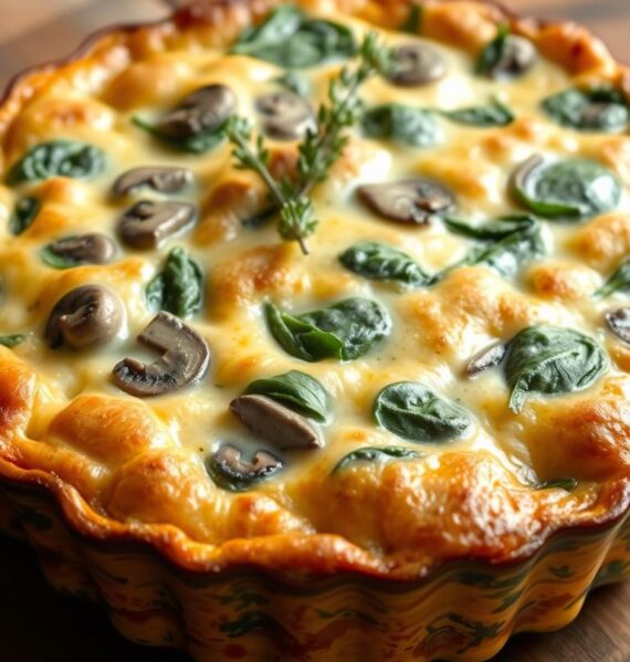 A golden-brown, bubbly spinach and mushroom casserole, fresh from the oven, rests on a rustic wooden table. The rich, creamy interior is dotted with tender mushrooms and vibrant green spinach leaves, creating a visually appealing and appetizing dish. Soft natural lighting casts a warm glow over the scene, highlighting the casserole's inviting texture and sizzling edges. A few sprigs of fresh thyme adorn the top, adding a touch of elegance. The overall composition evokes a comforting, homemade brunch atmosphere, perfect for impressing guests.