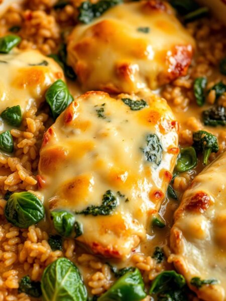 A golden brown casserole dish filled with tender chicken, vibrant spinach, and nutty brown rice, surrounded by a creamy, savory sauce. The casserole is topped with a layer of melted, bubbly cheese, creating a tempting and comforting visual. Soft lighting casts a warm glow, highlighting the textures and colors of the dish. The image is captured from a slightly elevated angle, allowing the viewer to appreciate the layered composition and the appetizing presentation.