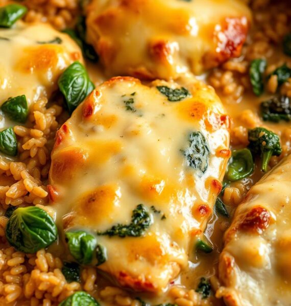 A golden brown casserole dish filled with tender chicken, vibrant spinach, and nutty brown rice, surrounded by a creamy, savory sauce. The casserole is topped with a layer of melted, bubbly cheese, creating a tempting and comforting visual. Soft lighting casts a warm glow, highlighting the textures and colors of the dish. The image is captured from a slightly elevated angle, allowing the viewer to appreciate the layered composition and the appetizing presentation.