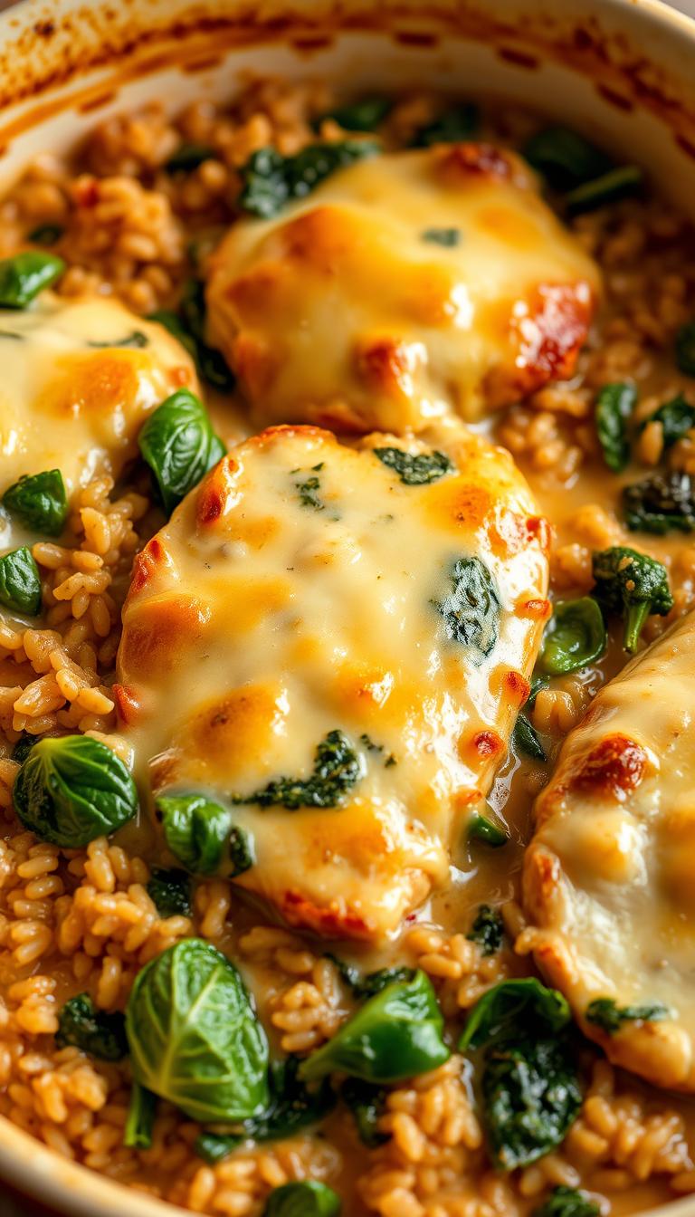 A golden brown casserole dish filled with tender chicken, vibrant spinach, and nutty brown rice, surrounded by a creamy, savory sauce. The casserole is topped with a layer of melted, bubbly cheese, creating a tempting and comforting visual. Soft lighting casts a warm glow, highlighting the textures and colors of the dish. The image is captured from a slightly elevated angle, allowing the viewer to appreciate the layered composition and the appetizing presentation.