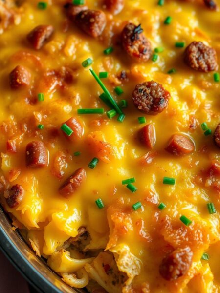 A golden-brown, freshly baked sausage egg casserole, its fluffy eggs and savory sausage nestled between buttery layers of crisp, golden-brown hash browns. The dish is bathed in warm, soft lighting, creating a cozy, inviting atmosphere. The casserole is garnished with sprinkling of fresh chives, adding a pop of color and a touch of freshness. The scene is captured from a high, overhead angle, showcasing the casserole's delectable layers and textures, making it the centerpiece of a tempting brunch spread.