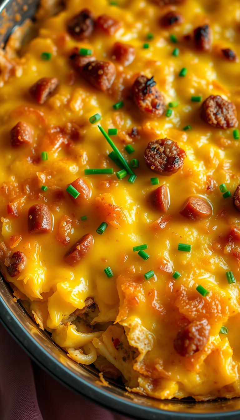 A golden-brown, freshly baked sausage egg casserole, its fluffy eggs and savory sausage nestled between buttery layers of crisp, golden-brown hash browns. The dish is bathed in warm, soft lighting, creating a cozy, inviting atmosphere. The casserole is garnished with sprinkling of fresh chives, adding a pop of color and a touch of freshness. The scene is captured from a high, overhead angle, showcasing the casserole's delectable layers and textures, making it the centerpiece of a tempting brunch spread.