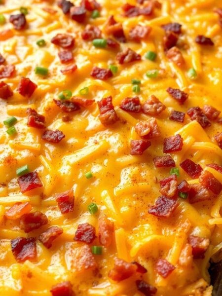 A golden-brown hash brown casserole, brimming with fluffy eggs, melted cheddar cheese, and crispy bacon bits. The casserole is nestled in a large, deep baking dish, its glistening surface reflecting the warm, soft lighting from above. The edges are crisped to perfection, while the center remains moist and inviting. Specks of green onion and a light dusting of paprika add pops of color and subtle flavors. The camera angle captures the casserole in all its glory, showcasing its tempting layers and inviting the viewer to indulge in this delectable brunch dish.