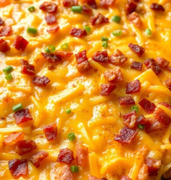A golden-brown hash brown casserole, brimming with fluffy eggs, melted cheddar cheese, and crispy bacon bits. The casserole is nestled in a large, deep baking dish, its glistening surface reflecting the warm, soft lighting from above. The edges are crisped to perfection, while the center remains moist and inviting. Specks of green onion and a light dusting of paprika add pops of color and subtle flavors. The camera angle captures the casserole in all its glory, showcasing its tempting layers and inviting the viewer to indulge in this delectable brunch dish.