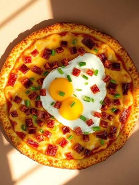 A golden-brown hash brown crust, topped with melted cheese, crispy bacon bits, fluffy scrambled eggs, and fresh chives. The pizza is shot from an overhead angle, with natural lighting streaming in from the side, casting warm shadows. The crust has a delightfully crispy edge, and the toppings are arranged in an appetizing, artful manner. The overall mood is cozy and inviting, perfectly capturing the comfort and indulgence of a decadent breakfast pizza.