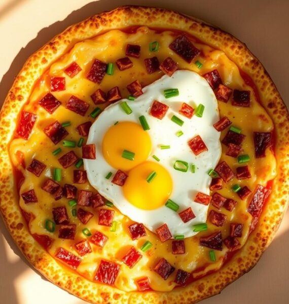 A golden-brown hash brown crust, topped with melted cheese, crispy bacon bits, fluffy scrambled eggs, and fresh chives. The pizza is shot from an overhead angle, with natural lighting streaming in from the side, casting warm shadows. The crust has a delightfully crispy edge, and the toppings are arranged in an appetizing, artful manner. The overall mood is cozy and inviting, perfectly capturing the comfort and indulgence of a decadent breakfast pizza.