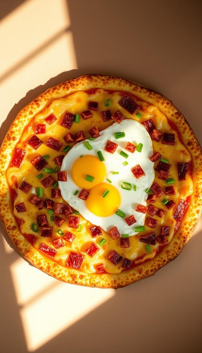A golden-brown hash brown crust, topped with melted cheese, crispy bacon bits, fluffy scrambled eggs, and fresh chives. The pizza is shot from an overhead angle, with natural lighting streaming in from the side, casting warm shadows. The crust has a delightfully crispy edge, and the toppings are arranged in an appetizing, artful manner. The overall mood is cozy and inviting, perfectly capturing the comfort and indulgence of a decadent breakfast pizza.