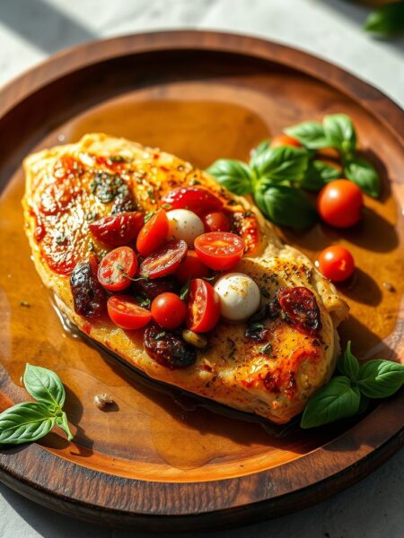 A golden-brown, pan-seared chicken breast, stuffed with a vibrant mixture of sun-dried tomatoes, fresh mozzarella, and aromatic herbs. The chicken is arranged on a simple, rustic wooden platter, with a drizzle of golden olive oil and a scattering of fresh basil leaves. Soft, natural lighting illuminates the dish, casting gentle shadows and highlighting the inviting textures and colors. The overall atmosphere is one of rustic, Mediterranean-inspired elegance, perfect for showcasing this delectable and visually appealing stuffed chicken recipe.