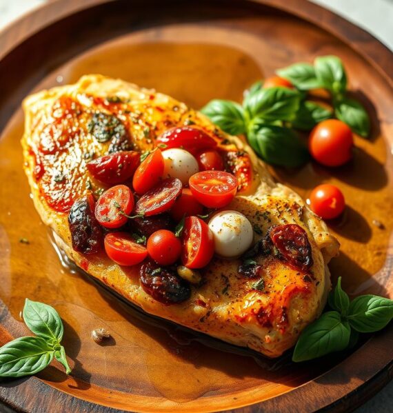 A golden-brown, pan-seared chicken breast, stuffed with a vibrant mixture of sun-dried tomatoes, fresh mozzarella, and aromatic herbs. The chicken is arranged on a simple, rustic wooden platter, with a drizzle of golden olive oil and a scattering of fresh basil leaves. Soft, natural lighting illuminates the dish, casting gentle shadows and highlighting the inviting textures and colors. The overall atmosphere is one of rustic, Mediterranean-inspired elegance, perfect for showcasing this delectable and visually appealing stuffed chicken recipe.