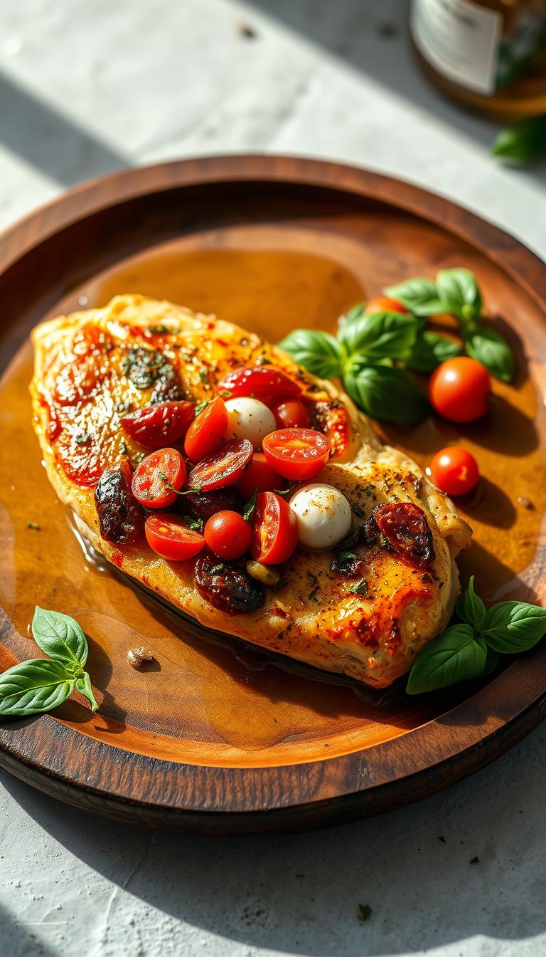 A golden-brown, pan-seared chicken breast, stuffed with a vibrant mixture of sun-dried tomatoes, fresh mozzarella, and aromatic herbs. The chicken is arranged on a simple, rustic wooden platter, with a drizzle of golden olive oil and a scattering of fresh basil leaves. Soft, natural lighting illuminates the dish, casting gentle shadows and highlighting the inviting textures and colors. The overall atmosphere is one of rustic, Mediterranean-inspired elegance, perfect for showcasing this delectable and visually appealing stuffed chicken recipe.