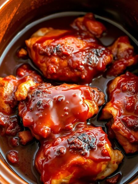 A hearty, slow-cooked feast of tender, juicy chicken thighs, bathed in a rich, tangy barbecue sauce, simmering gently in a rustic, earthenware slow cooker. Mouth-watering aromas waft through the air, beckoning the senses. Tender, fall-off-the-bone meat, caramelized edges, and a glossy, glistening glaze, all set against a backdrop of earthy, neutral tones. Warm, natural lighting casts a cozy, inviting glow, while a slight, shallow depth of field keeps the focus on the star of the dish. Succulent, flavor-packed chicken thighs, perfectly paired with the robust, smoky-sweet sauce, making for a comforting, satisfying slow cooker masterpiece.