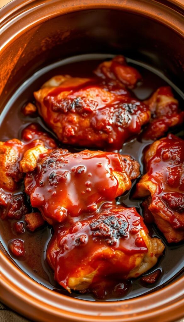 A hearty, slow-cooked feast of tender, juicy chicken thighs, bathed in a rich, tangy barbecue sauce, simmering gently in a rustic, earthenware slow cooker. Mouth-watering aromas waft through the air, beckoning the senses. Tender, fall-off-the-bone meat, caramelized edges, and a glossy, glistening glaze, all set against a backdrop of earthy, neutral tones. Warm, natural lighting casts a cozy, inviting glow, while a slight, shallow depth of field keeps the focus on the star of the dish. Succulent, flavor-packed chicken thighs, perfectly paired with the robust, smoky-sweet sauce, making for a comforting, satisfying slow cooker masterpiece.
