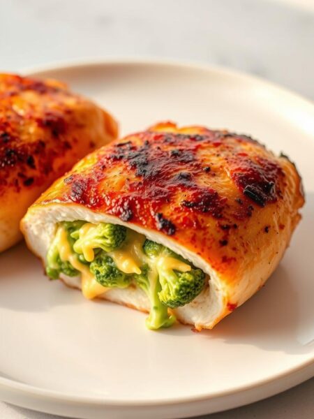 A juicy, golden-brown chicken breast filled with a creamy, melted blend of sharp cheddar cheese and fresh broccoli florets, presented on a modern white ceramic plate. The chicken is expertly seared, showcasing a crispy, caramelized skin, while the interior is tender and succulent. Warm, natural lighting illuminates the dish, casting a soft, appetizing glow. The composition is symmetrical, allowing the stuffed chicken to be the focal point, framed by a simple, minimalist background. An elegant, mouthwatering representation of the "Broccoli and Cheddar Stuffed Chicken" recipe.