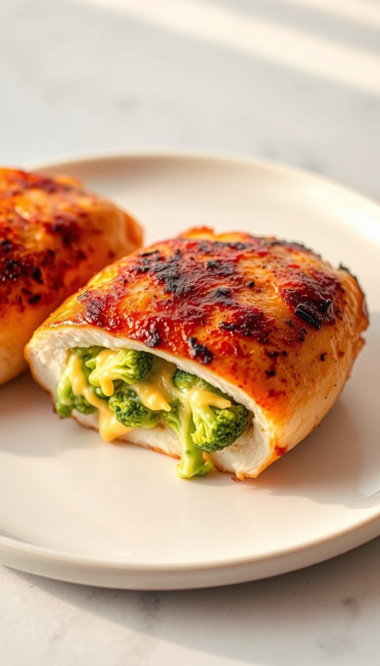 A juicy, golden-brown chicken breast filled with a creamy, melted blend of sharp cheddar cheese and fresh broccoli florets, presented on a modern white ceramic plate. The chicken is expertly seared, showcasing a crispy, caramelized skin, while the interior is tender and succulent. Warm, natural lighting illuminates the dish, casting a soft, appetizing glow. The composition is symmetrical, allowing the stuffed chicken to be the focal point, framed by a simple, minimalist background. An elegant, mouthwatering representation of the "Broccoli and Cheddar Stuffed Chicken" recipe.