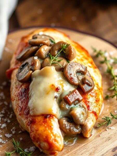 A juicy, golden-brown chicken breast, stuffed with a savory mixture of sautéed mushrooms, melted Swiss cheese, and fresh herbs. The chicken is plated on a rustic wooden surface, with a sprinkle of coarse sea salt and a garnish of fresh thyme sprigs, creating a mouthwatering and visually appealing dish. Soft, diffused lighting illuminates the scene, highlighting the texture of the chicken and the gooey, oozing cheese. The overall composition evokes a sense of homemade comfort and culinary expertise, perfectly capturing the essence of the "Mushroom and Swiss Stuffed Chicken" recipe.