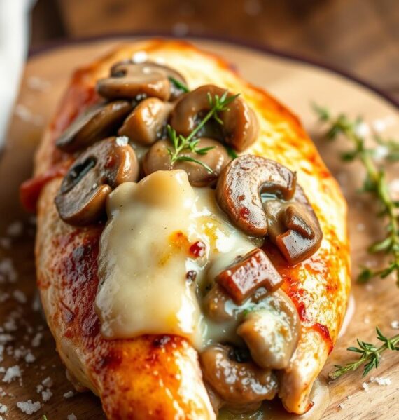 A juicy, golden-brown chicken breast, stuffed with a savory mixture of sautéed mushrooms, melted Swiss cheese, and fresh herbs. The chicken is plated on a rustic wooden surface, with a sprinkle of coarse sea salt and a garnish of fresh thyme sprigs, creating a mouthwatering and visually appealing dish. Soft, diffused lighting illuminates the scene, highlighting the texture of the chicken and the gooey, oozing cheese. The overall composition evokes a sense of homemade comfort and culinary expertise, perfectly capturing the essence of the "Mushroom and Swiss Stuffed Chicken" recipe.