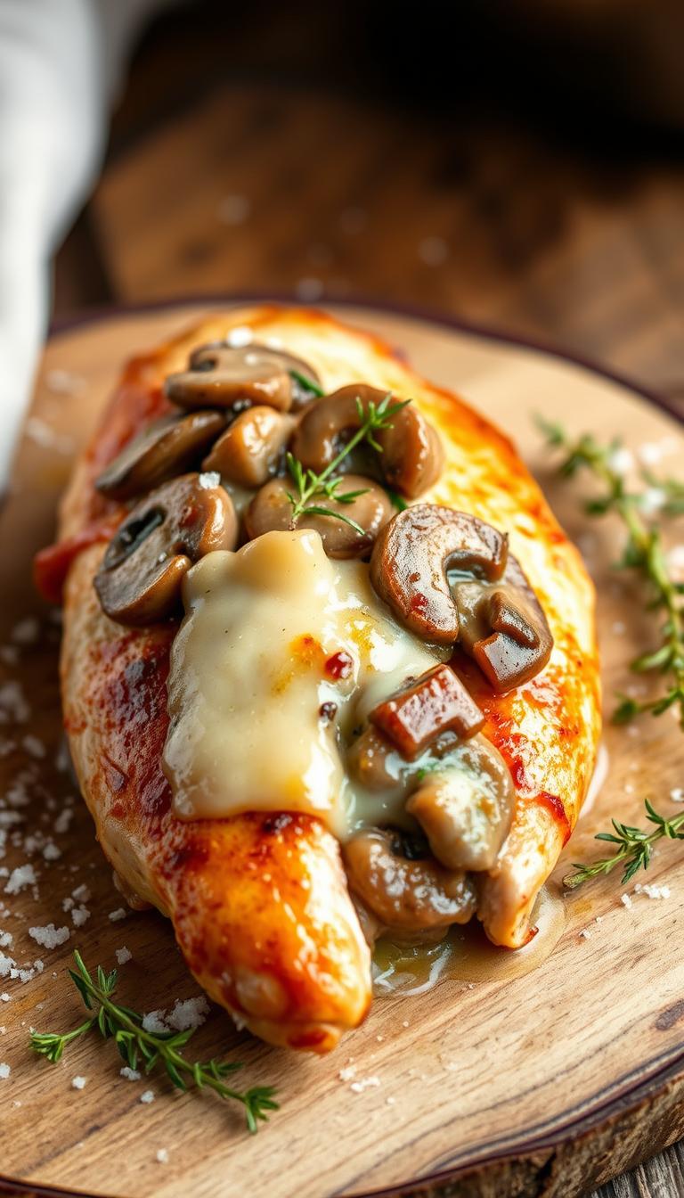 A juicy, golden-brown chicken breast, stuffed with a savory mixture of sautéed mushrooms, melted Swiss cheese, and fresh herbs. The chicken is plated on a rustic wooden surface, with a sprinkle of coarse sea salt and a garnish of fresh thyme sprigs, creating a mouthwatering and visually appealing dish. Soft, diffused lighting illuminates the scene, highlighting the texture of the chicken and the gooey, oozing cheese. The overall composition evokes a sense of homemade comfort and culinary expertise, perfectly capturing the essence of the "Mushroom and Swiss Stuffed Chicken" recipe.
